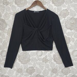 Zara black long sleeve V-neck front twist cropped blouse top stretchy spandex M
